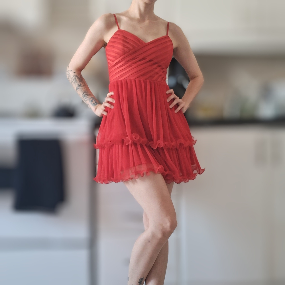 Guess Red Ruched Ruffled Mini Dress - Picture 1 of 4